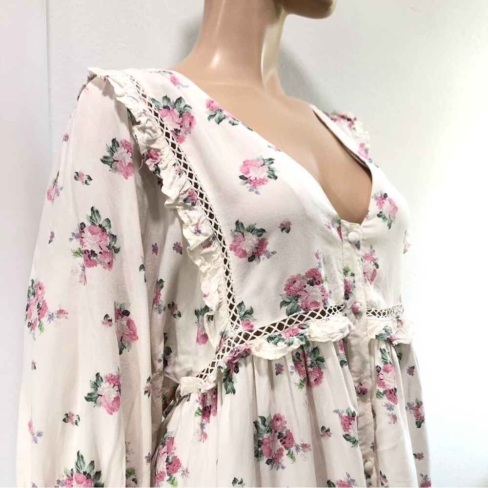 asos floral mini romantic print puff sleeve dress embroidery V-neck button front - Picture 11 of 16